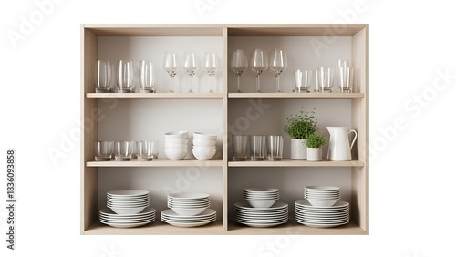 A wooden cabinet filled with glassware, dishware, and a small potted plant