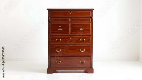 Tall, wooden chest of drawers with various sized drawers and brass hardware, against a white wall