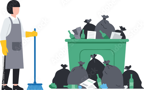 “Sanitation worker cleaning area with overflowing trash bin, garbage bags, plastic bottles, and waste materials in urban environment vector illustration”