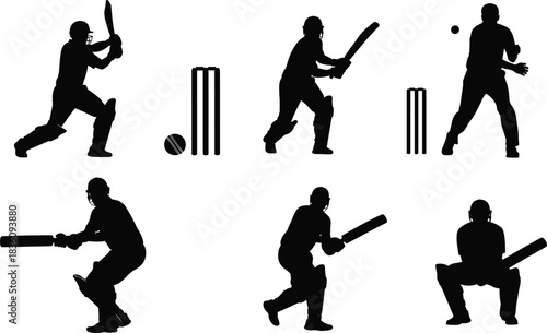 “Cricket player silhouettes in various batting and fielding positions, showcasing sports action poses with bat, ball, and stumps in dynamic vector illustration”