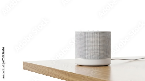 A small cylindrical smart home speaker sits on a light wooden table against a white background