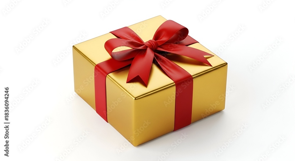 Obraz premium Gold gift box tied with a vibrant red ribbon, a festive present on white