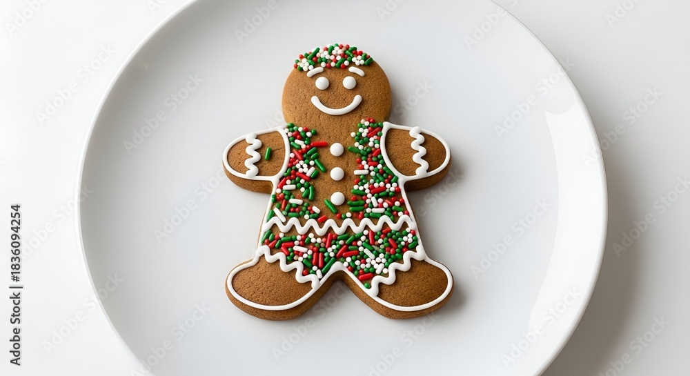 Obraz premium Overhead shot of a festive gingerbread man cookie on a white plate