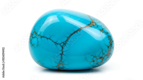 Close-up of a smooth, turquoise gemstone with brown veining, set against a white backdrop