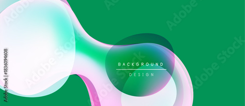 Abstract fluid shapes overlap, creating vibrant color gradients. Green background complements pastel hues. Modern design element.