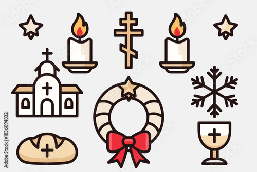 A collection of Christian and winter holiday themed icons including candles, a church, a cross, a wreath, bread, a chalice, stars, and a snowflake.