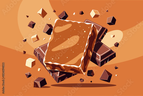 A graphic illustration of a delicious brownie bar with various chocolate chunks and cubes floating around on a warm brown background.
