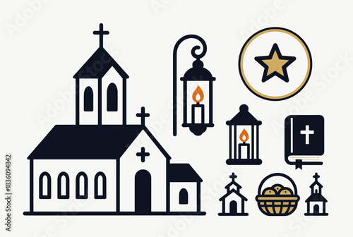 Collection of religious icons featuring churches, lanterns, a Bible, a star, and a basket of bread, representing Christian faith and spirituality.