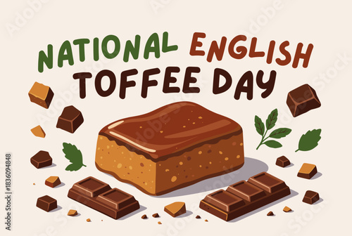 A vibrant illustration celebrating National English Toffee Day, featuring a large piece of toffee, scattered chocolate, and green leaves on a light background.