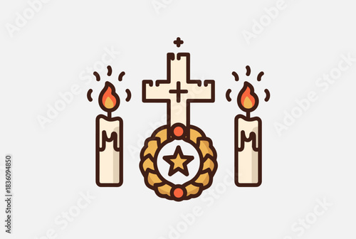 A colorful illustration depicting a Christian cross with a wreath and two burning candles, symbolizing remembrance or religious ceremony.