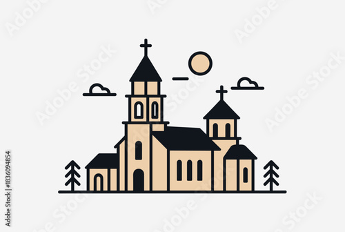 Wallpaper Mural A minimalist line art illustration of a church with multiple towers and crosses under a sun and clouds. Torontodigital.ca