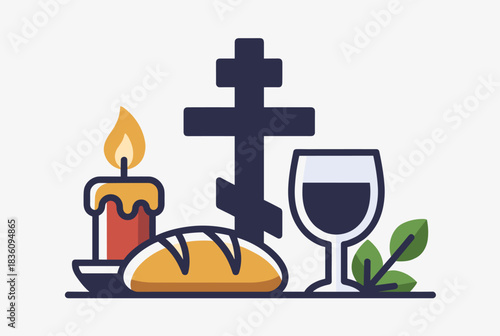 Orthodox Christian religious symbols including a cross, candle, bread, and wine, representing faith and spirituality.