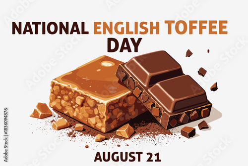 A graphic celebrating National English Toffee Day on August 21, featuring a block of nutty toffee and a chocolate bar with crumbs.