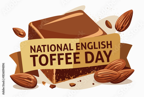 An illustration celebrating National English Toffee Day, featuring a rich brown toffee block surrounded by whole almonds on a light background.
