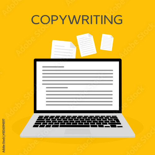 Copywriter concept, laptop screen with text editing elements, floating documents, and a copywriting label.