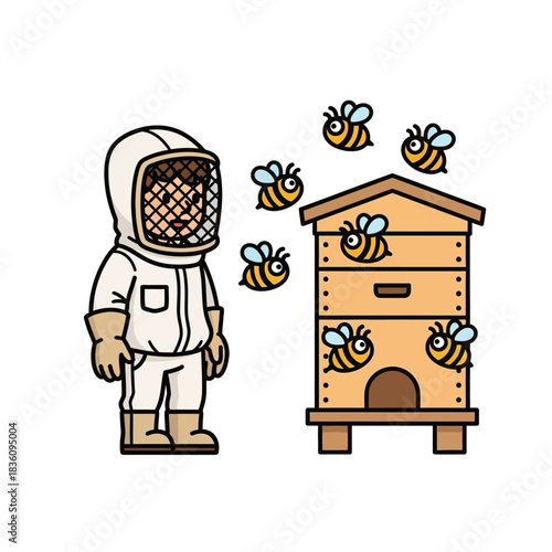 Cartoon Beekeeper in Protective Suit with Flying Bees and Wooden Beehive.