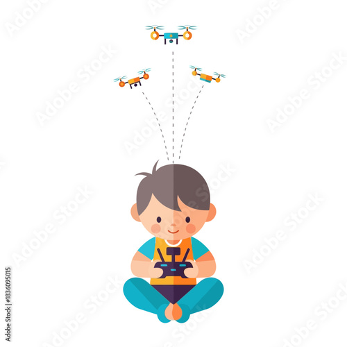 Cartoon Boy Sitting Cross-Legged Controlling Drones with Remote Controller.