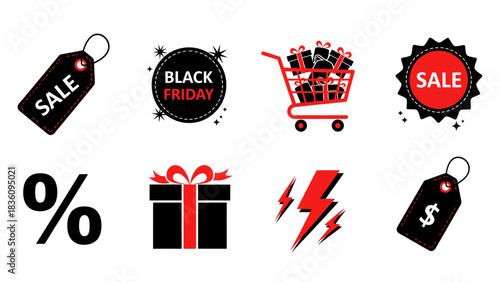 Dynamic vector icon collection for online sales and shopping promotions featuring various discount symbols and retail elements