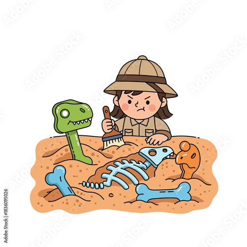 Cartoon girl archaeologist excavating dinosaur fossils in sand with brush and safari hat.