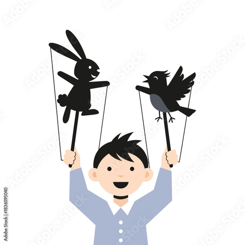 Cheerful Child Holding Shadow Puppets of Rabbit and Bird, Performing Play.