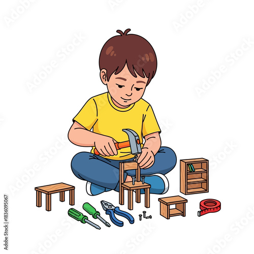 Focused young boy assembling miniature wooden furniture with hammer and tools, sitting cross-legged.