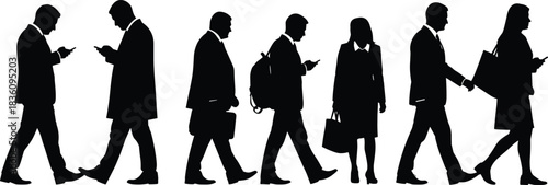 Business People Commuting Black Silhouette Vector Set, Busy Men and Women Walking While Using Smartphones, Modern Corporate Lifestyle Graphic for Technology, Social Media, or Urban Design.