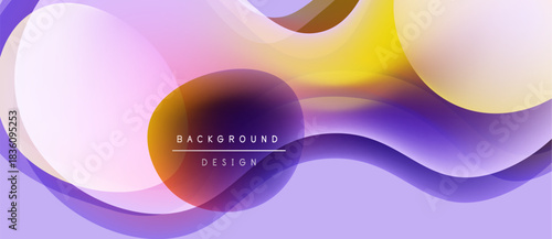 Abstract fluid shapes blend, creating vibrant purple, yellow hues. Modern design element for backgrounds, presentations. Smooth gradients dominate composition.