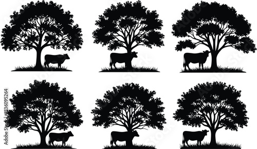 Collection of cow and tree silhouette vector illustrations featuring grazing cattle, natural landscape elements, rural farm scenery, and nature-inspired agricultural artwork for countryside themes