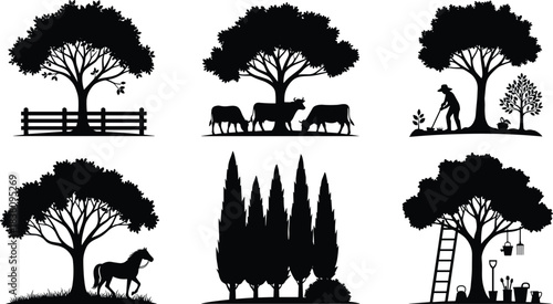 Collection of detailed countryside silhouette scenes featuring trees, farm animals, gardener activity, horse and cattle, landscape elements, and rural nature vector illustration designs