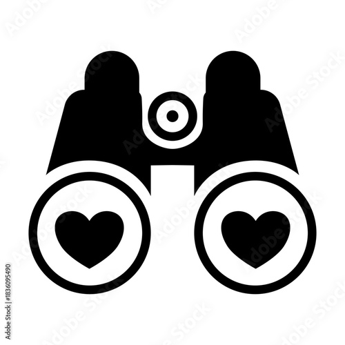 Binoculars with heart lenses representing searching for love, vision, romance, relationship goals, and discovery.