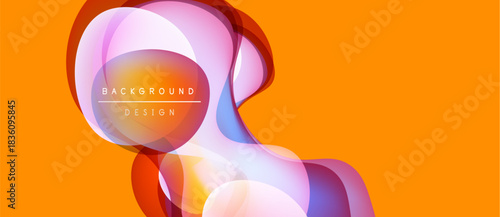 Abstract shapes overlap, creating vibrant color blends. Orange background provides strong contrast. Modern design elements present dynamic visual effect.