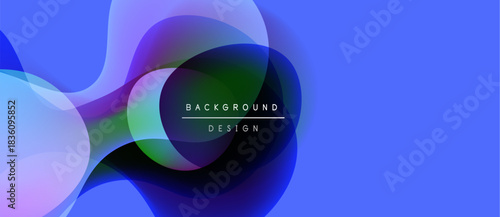 Abstract fluid shapes overlap, creating vibrant blue, green, purple gradients. Text reads background design centered within forms.