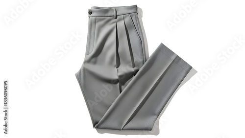 A pair of gray pleated trousers, neatly folded, casting a slight shadow on a white background