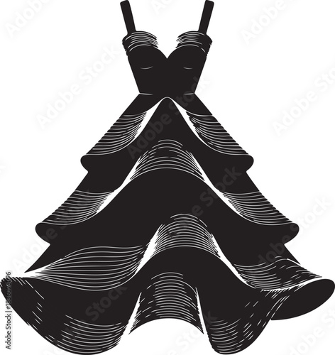 Classic elegant tiered ruffled dress silhouette fashion design Vector