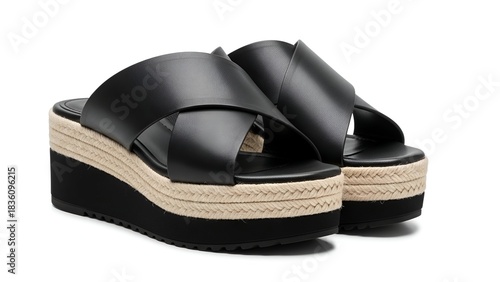 Black leather sandals with crossed straps on platform soles with woven detail