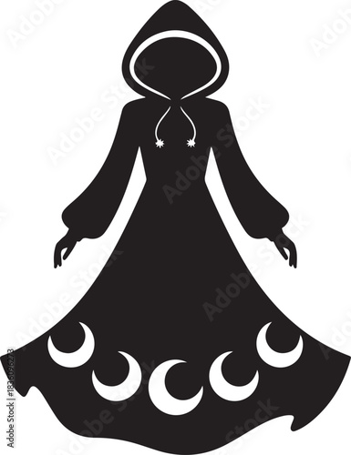 Faceless hooded figure with moon symbols on flowing robe design Vector