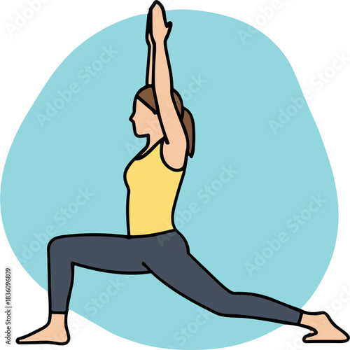 Woman Practicing Warrior One Yoga Pose With Arms Raised Overhead In Yellow Tank Top And Dark Leggings Inside Light Blue Circle Against Black Background