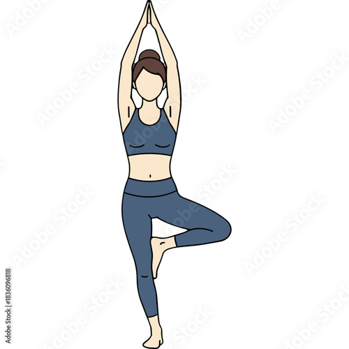 Woman Practicing Yoga Tree Pose Vrikshasana In Blue Athletic Wear On Black Background Balanced Calm Fitness Healthy Lifestyle