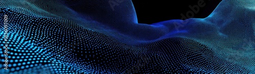 Abstract landscape of blue and teal dots, forming undulating surfaces on black background