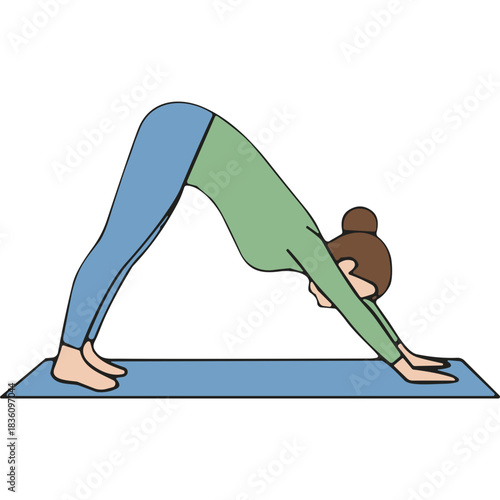 Woman in green shirt and blue pants performs downward facing dog yoga pose on a blue mat indoors isolated on black background realistic illustration