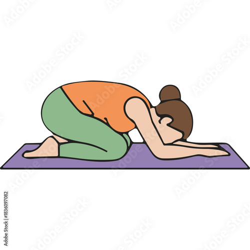 Woman in Orange Tank Top and Green Leggings Performing Child's Pose on a Purple Yoga Mat Demonstrating Relaxation and Mindfulness