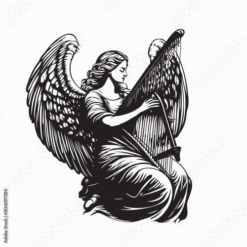 Angel Playing Harp Vintage Image Vector Isolated on white background