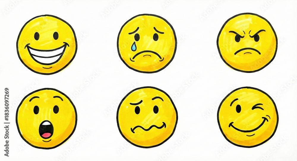 Fototapeta premium Set of hand drawn yellow smiley faces with various emotions