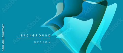 Abstract flowing shapes, turquoise hues, layered design. Modern background with gradient effect, simple text elements present.