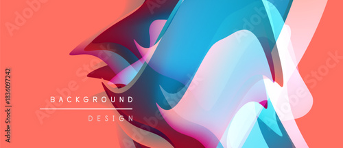 Abstract fluid shapes overlap, creating vibrant color gradients. Peach background complements blue, purple hues. Modern design element.