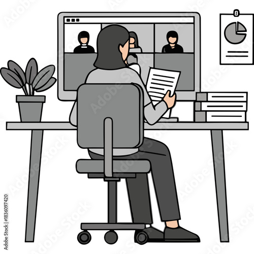 Woman Participating in a Video Conference Meeting Holding Documents at Her Desk with a Computer Screen Displaying Colleagues and a Plant on a Table
