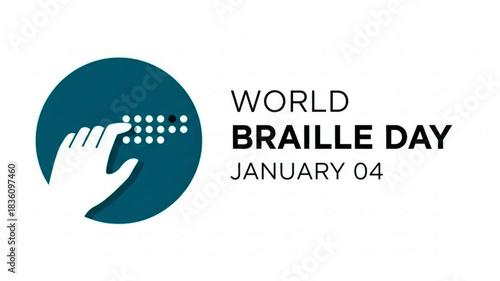 World Braille Day Illustration: Hand Touching Braille Dots on Teal Circle