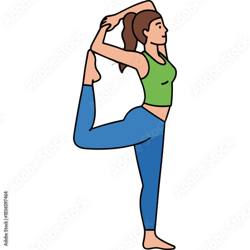 Woman Performing Dancer Pose Yoga Asana In Green Tank Top And Blue Leggings On Black Background Healthy Lifestyle And Fitness Concept