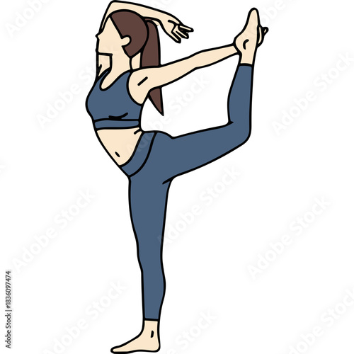 Woman Performing Natarajasana Yoga Pose Standing on One Leg in a Dark Blue Sports Bra and Leggings