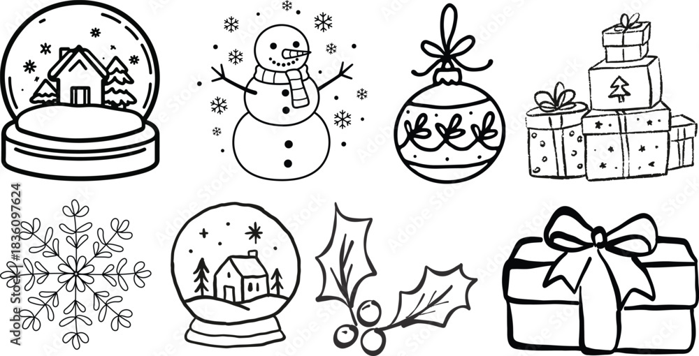 Obraz premium Winter whimsical christmas tree doodle sketch vector illustration. Holiday line art simple party decoration for new year. Minimalist snowflake outline set.Set of hand-drawn Christmas tree doodles 